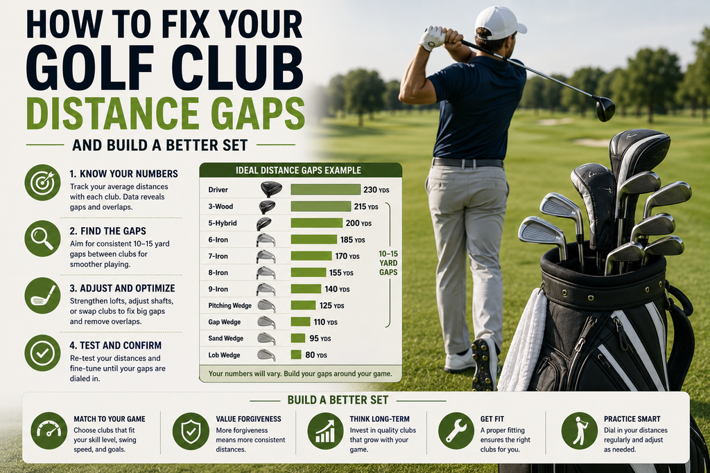 Golfer comparing club carry distances at a driving range to identify gaps and build a more balanced golf set.