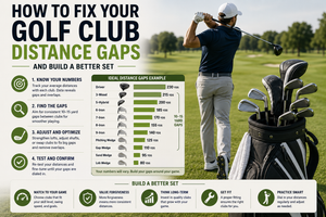Golfer comparing club carry distances at a driving range to identify gaps and build a more balanced golf set.