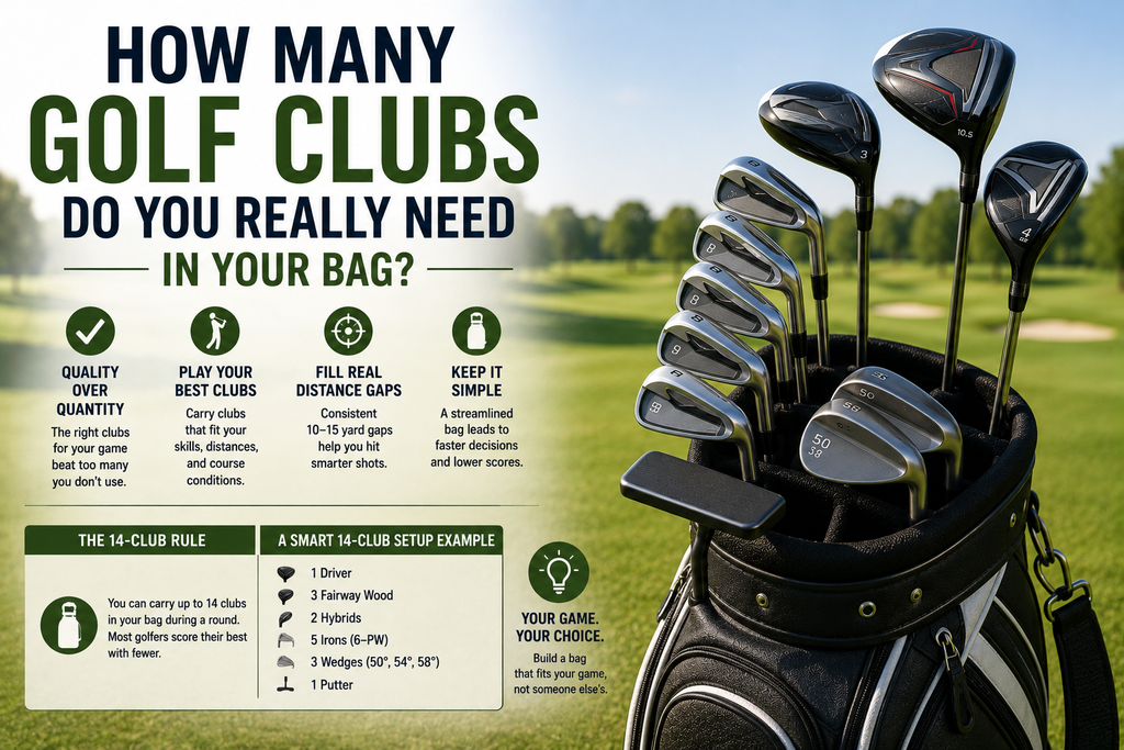Golfer organizing a balanced selection of woods, irons, wedges, and a putter in a golf bag.