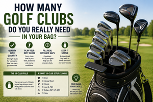 Golfer organizing a balanced selection of woods, irons, wedges, and a putter in a golf bag.