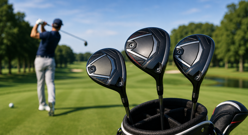Golfer hitting a modern fairway wood from short grass while testing distance, launch, and forgiveness.
