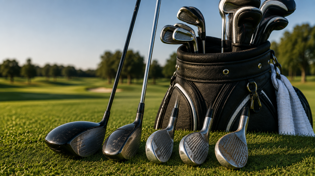 Golfer inspecting an older driver, irons, wedges, and putter for wear before deciding which clubs need replacement.