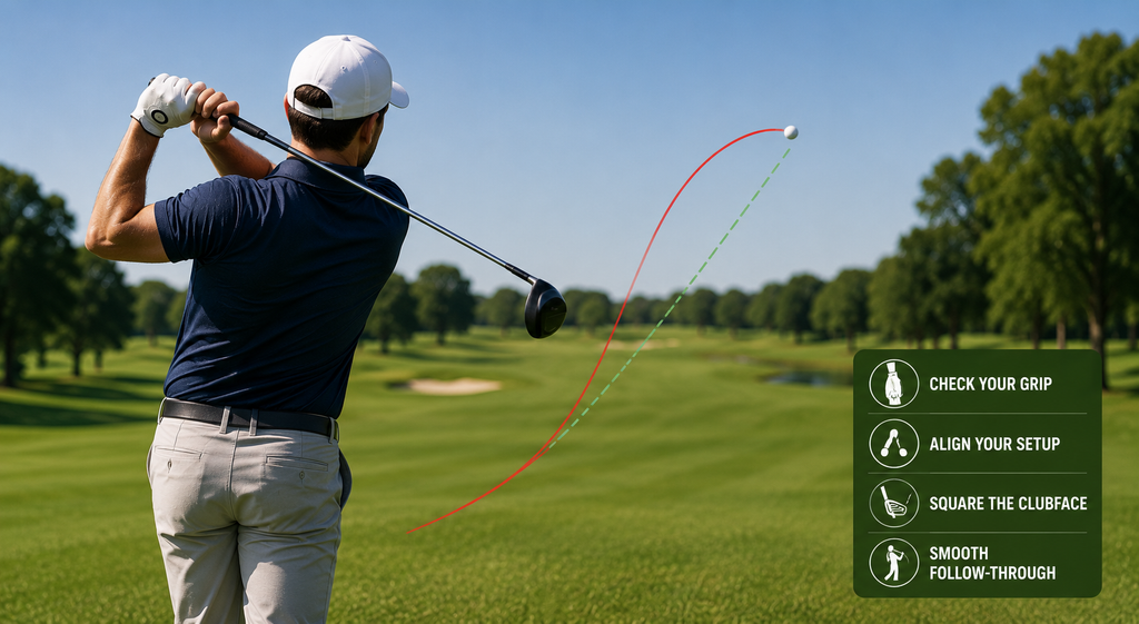 Golfer practicing controlled tee shots on a driving range to correct a hook and produce a straighter ball flight.