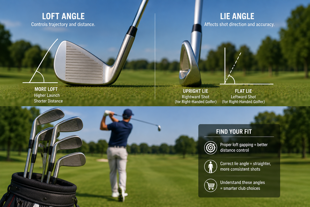 Golfer and club fitter examining an iron's loft and lie angles during a professional golf club fitting.