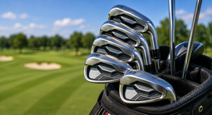 Golfer testing forgiving cavity-back irons on a range while comparing launch, distance, and off-center performance.