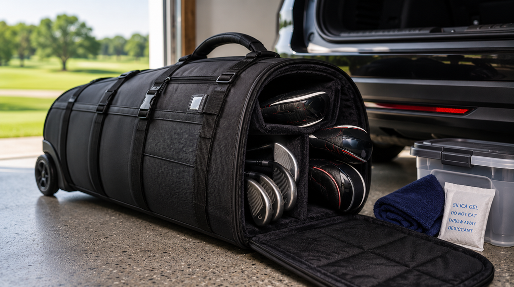 Golfer carefully packing clubs into a padded travel bag to prevent damage during transport and long-term storage.