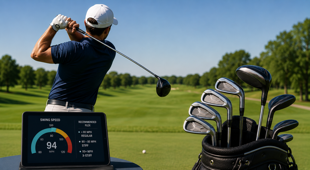 Golfer testing different clubs with a launch monitor to match shaft, loft, and club design to swing speed.