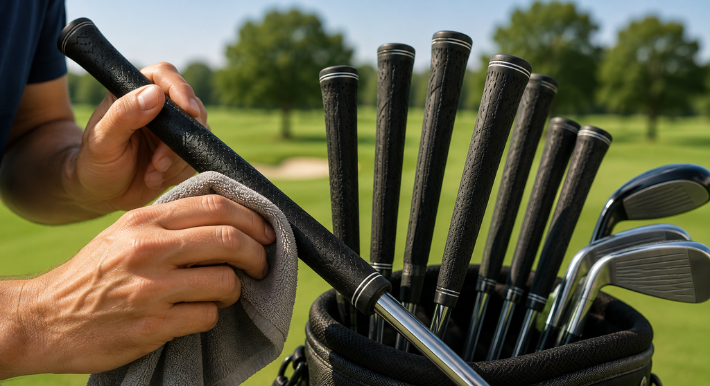 Golfer cleaning golf club grips with a soft cloth to remove dirt and maintain their tackiness and condition.