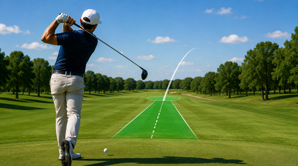 Golfer hitting a controlled driver shot toward a wide fairway while practicing accuracy and consistent tee-shot alignment.