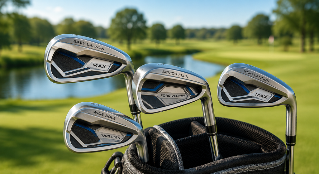 Senior golfer testing forgiving cavity-back irons on a range for easier launch, consistent distance, and comfortable play.