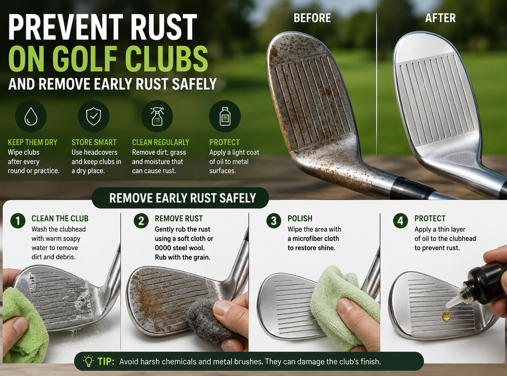 Golfer carefully cleaning and drying an iron clubhead to remove early surface rust and protect the club from corrosion.