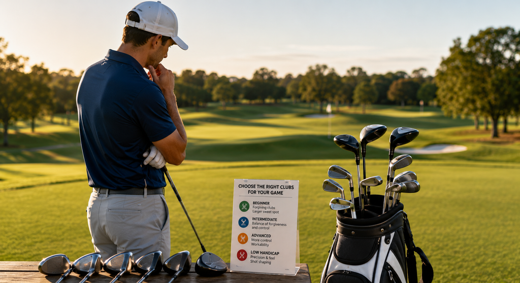 Golfer comparing different clubs at a driving range to find equipment suited to their skill level.