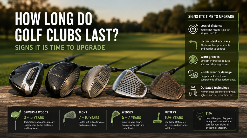Golfer inspecting an older iron and modern golf clubs to check wear and decide whether it is time to upgrade.