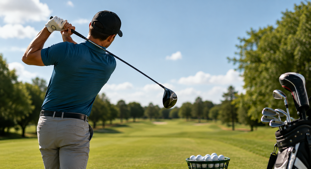 Golfer practicing driver alignment and swing path on a range to correct a slice and produce straighter tee shots.