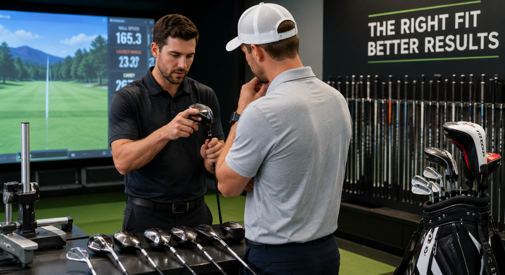 Golfer testing different clubs with a fitter and launch monitor to find equipment matched to their swing.