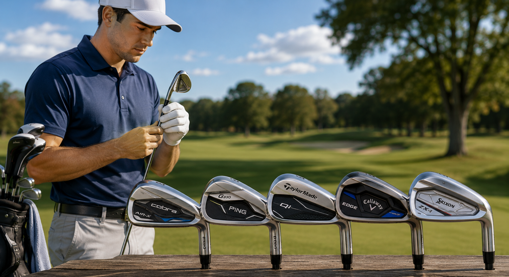 Beginner golfer comparing forgiving iron clubs on a practice range while choosing a suitable set for their game.