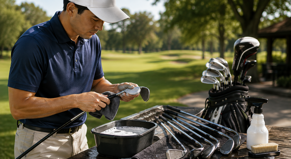 Golfer cleaning iron clubheads and grooves with a soft brush and towel to protect golf equipment.