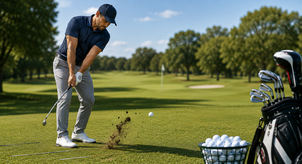 Golfer practicing controlled iron shots on a range to improve contact, accuracy, and consistency.
