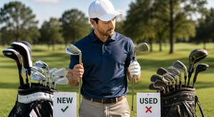 Golfer comparing a new club with a used golf club to evaluate condition, performance, and value before buying.