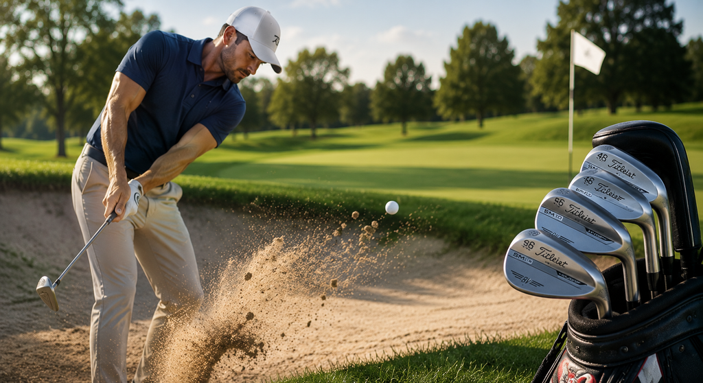 Golfer testing modern wedges around a green to compare spin, control, turf interaction, and short-game feel.