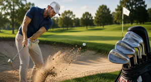 Golfer testing modern wedges around a green to compare spin, control, turf interaction, and short-game feel.