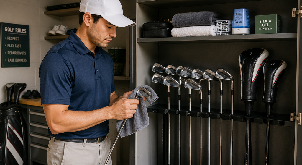 Golf clubs stored upright in a clean, dry indoor space with protected clubheads and organized equipment.