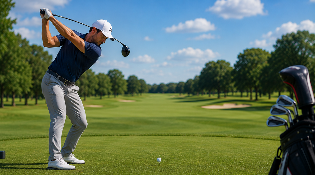 Golfer hitting a powerful, controlled driver shot from the tee while maintaining balance and accuracy.