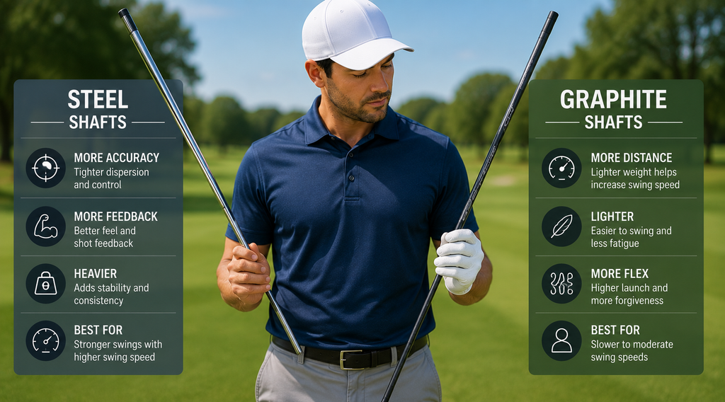 Golfer comparing steel and graphite shafted irons on a driving range to find the best fit for their swing.