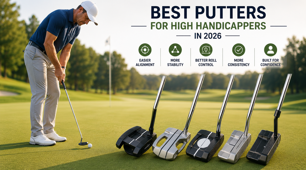 High-handicap golfer testing forgiving mallet and blade putters on a practice green for better control.