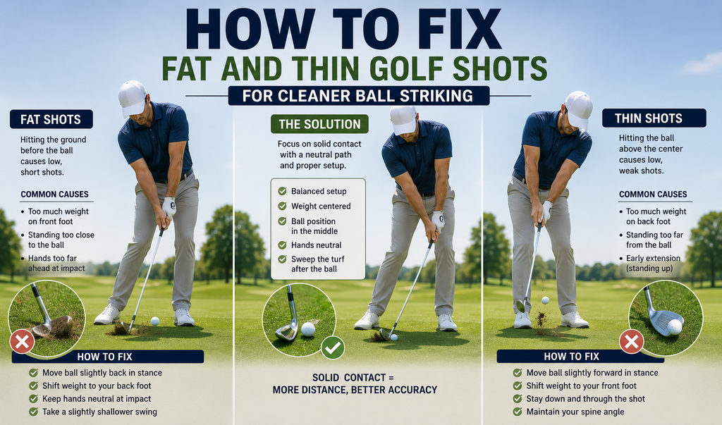 Golfer practicing clean iron contact on a range to correct fat and thin shots and improve ball striking.