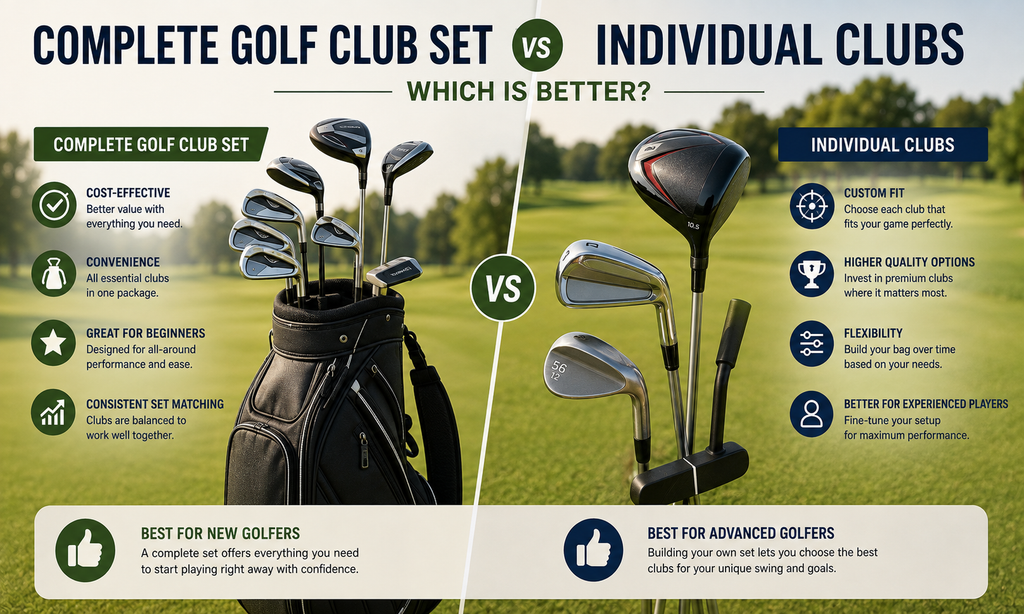 Golfer comparing a complete golf club set with individually selected clubs while choosing equipment for their game.