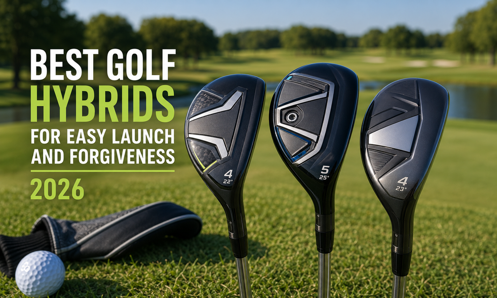 Golfer testing a forgiving hybrid club from the fairway to compare easy launch, distance, and control.