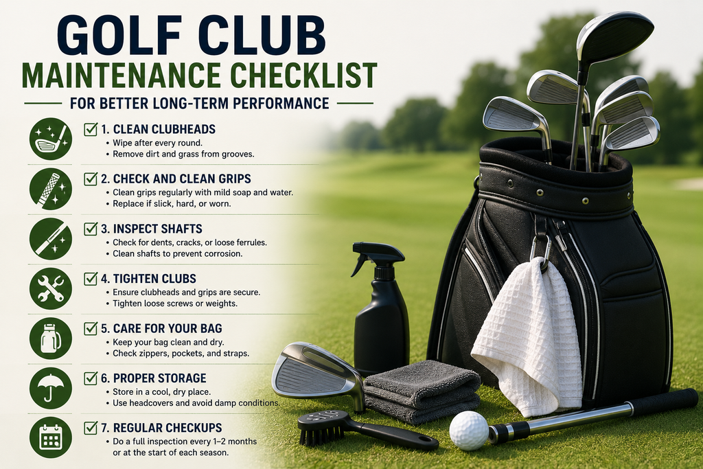 Golfer cleaning and inspecting irons, grips, shafts, and clubheads as part of routine golf club maintenance.