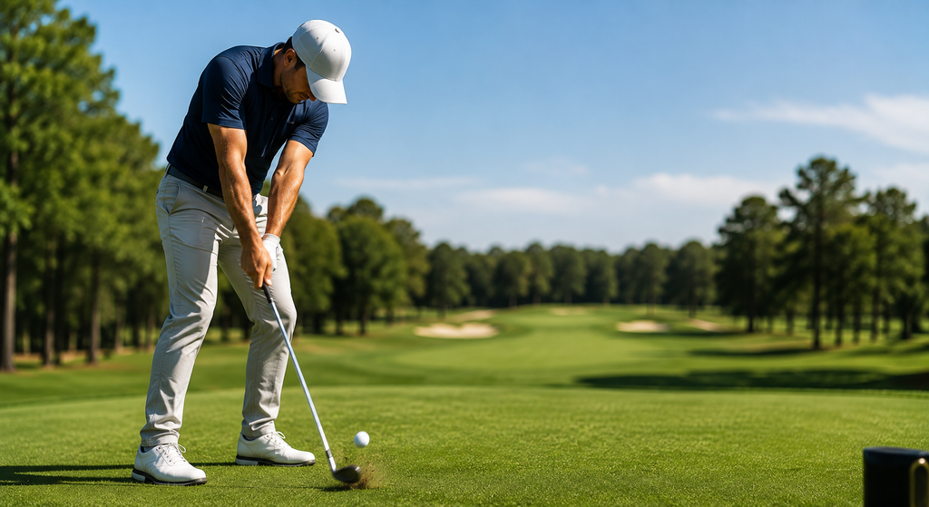 Golfer practicing clean iron contact on a range to correct topped shots and improve consistent ball-first striking.