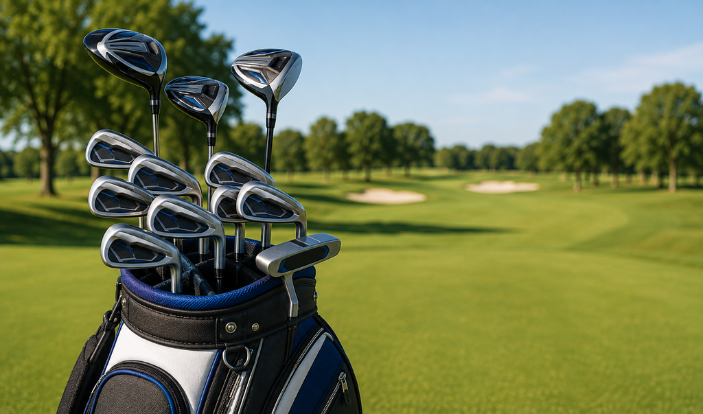 Beginner golfer comparing a forgiving driver, hybrid, irons, wedge, and putter from a complete golf club set.