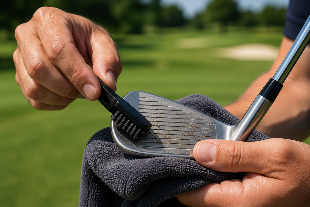 Golfer cleaning dirt from iron and wedge grooves with a soft brush to maintain reliable contact and clubface performance.