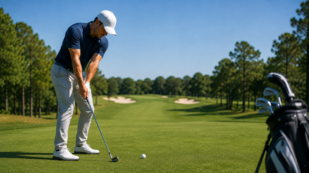 Golfer striking a long iron from the fairway with a high ball flight while practicing balanced, consistent contact.