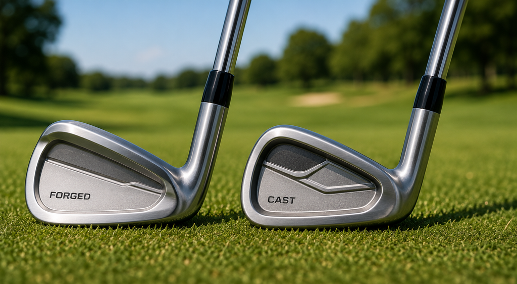 Golfer comparing forged and cast iron clubheads at a fitting station while evaluating feel, forgiveness, and performance.