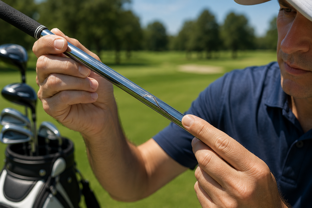 Golfer carefully inspecting a golf shaft for cracks, scratches, corrosion, and damage under bright workshop lighting.