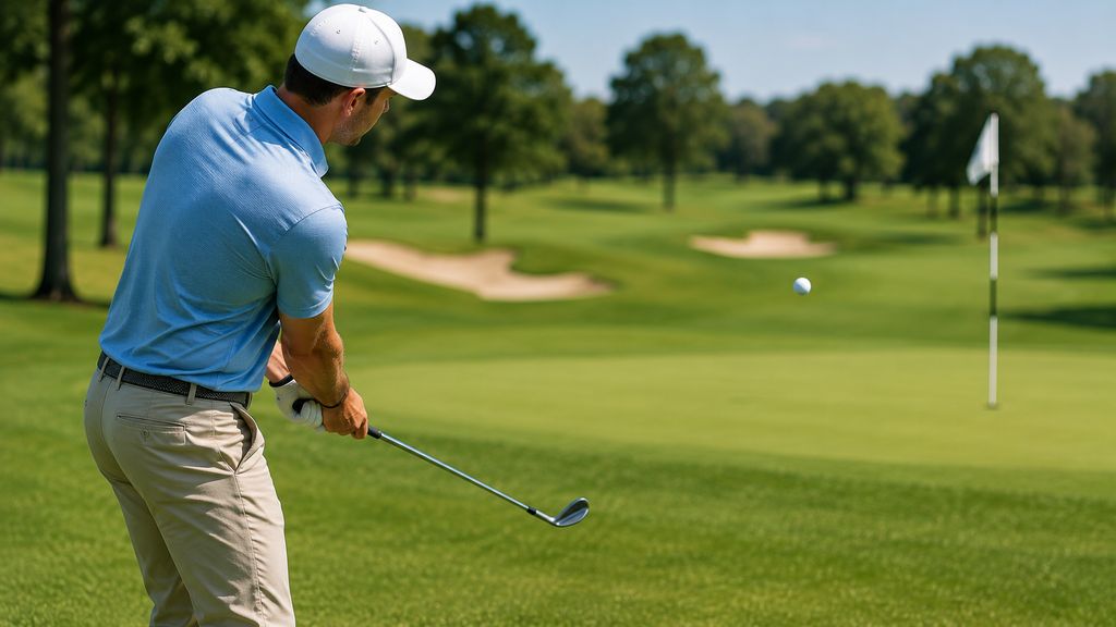 Golfer practicing controlled wedge shots toward targets from 50 to 100 yards while working on consistent carry distance.