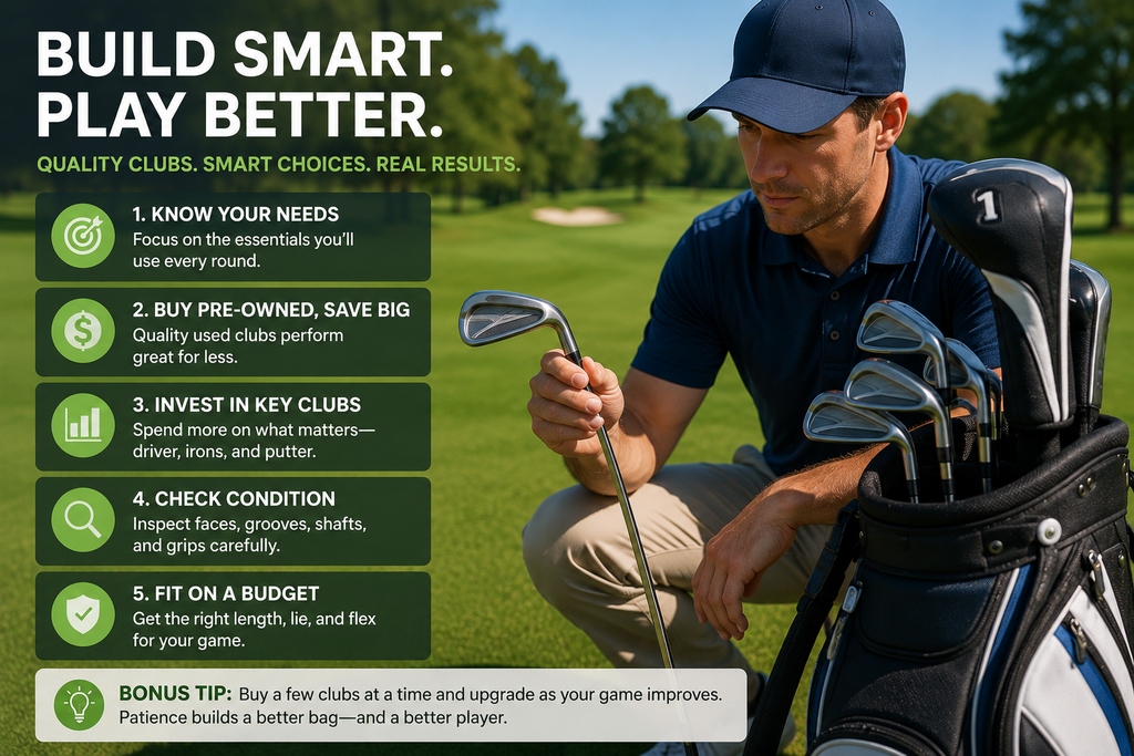 Golfer comparing affordable used drivers, irons, wedges, and a putter while building a practical golf club set.