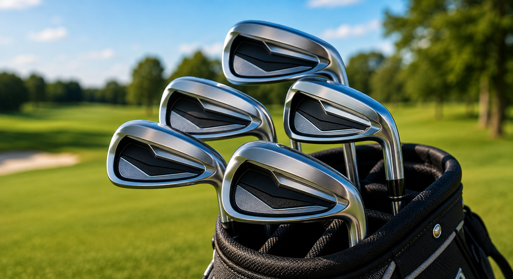 Mid-handicap golfer testing modern irons on a range while comparing forgiveness, launch, distance, and consistent contact.