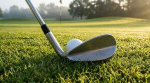 Chipper behind a ball on the green fringe, illustrating the question are golf chippers legal