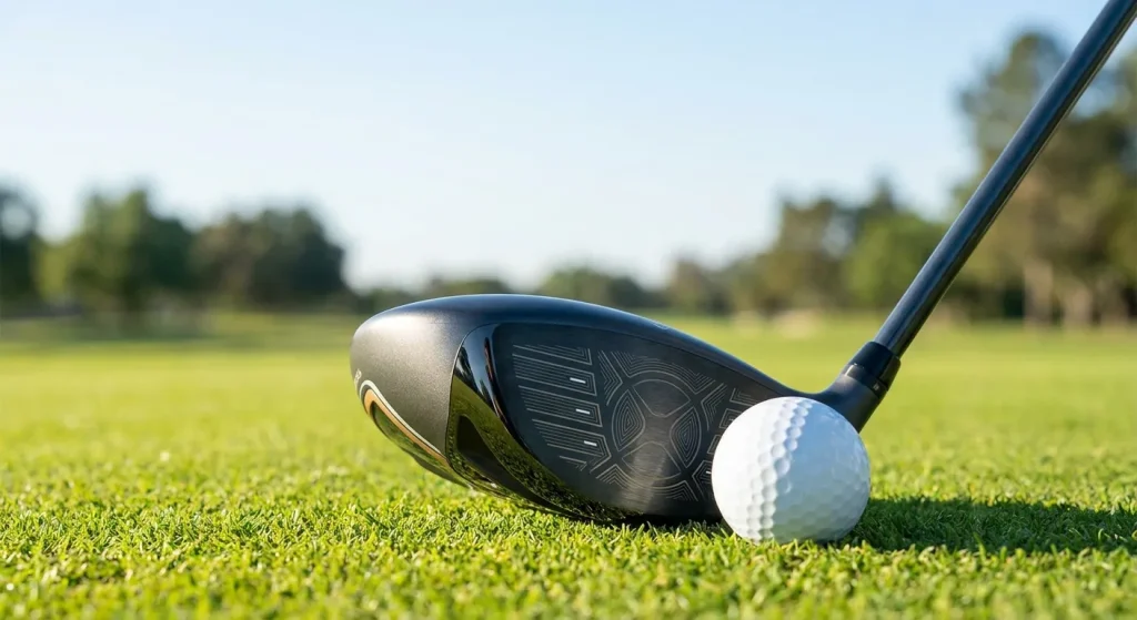 Modern black golf driver club head next to a white golf ball on a green fairway, symbolizing a forgiving driver for 2026.