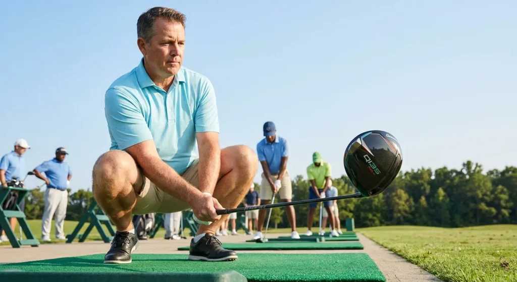 Man crouching at a golf driving range, holding a TaylorMade Qi35 Max driver, ideal for beginners and senior golfers.