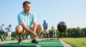 Man crouching at a golf driving range, holding a TaylorMade Qi35 Max driver, ideal for beginners and senior golfers.