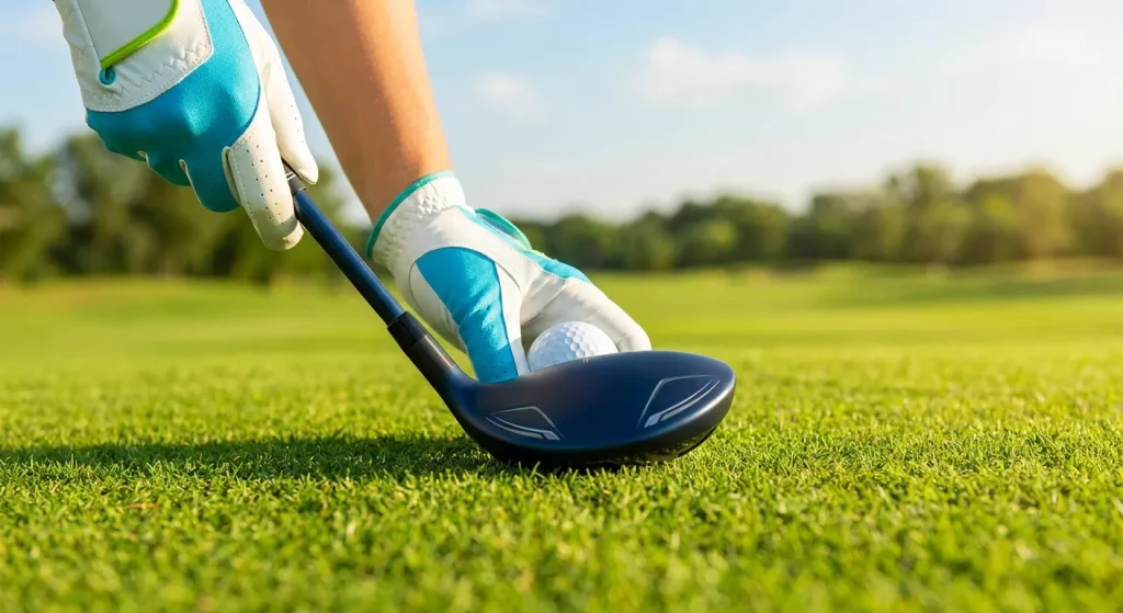 Best Golf Clubs: Golfer in a blue and white glove setting a golf ball with a dark blue 2026 golf hybrid club on a green cours