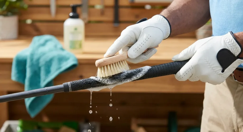 Best Golf Clubs: Person in white golf gloves cleaning a golf club grip with a brush and soapy water for better play.