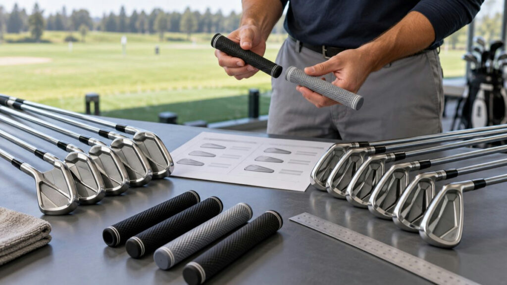 Direct-to-consumer golf clubs compared on a fitting table with grips and iron sets