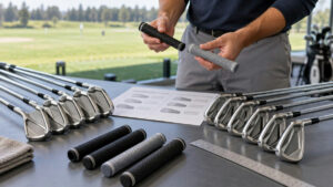 Direct-to-consumer golf clubs compared on a fitting table with grips and iron sets